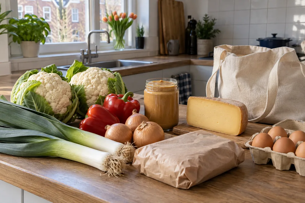 Boodschappen op het aanrecht: bloemkool, kip, eieren, prei en paprika