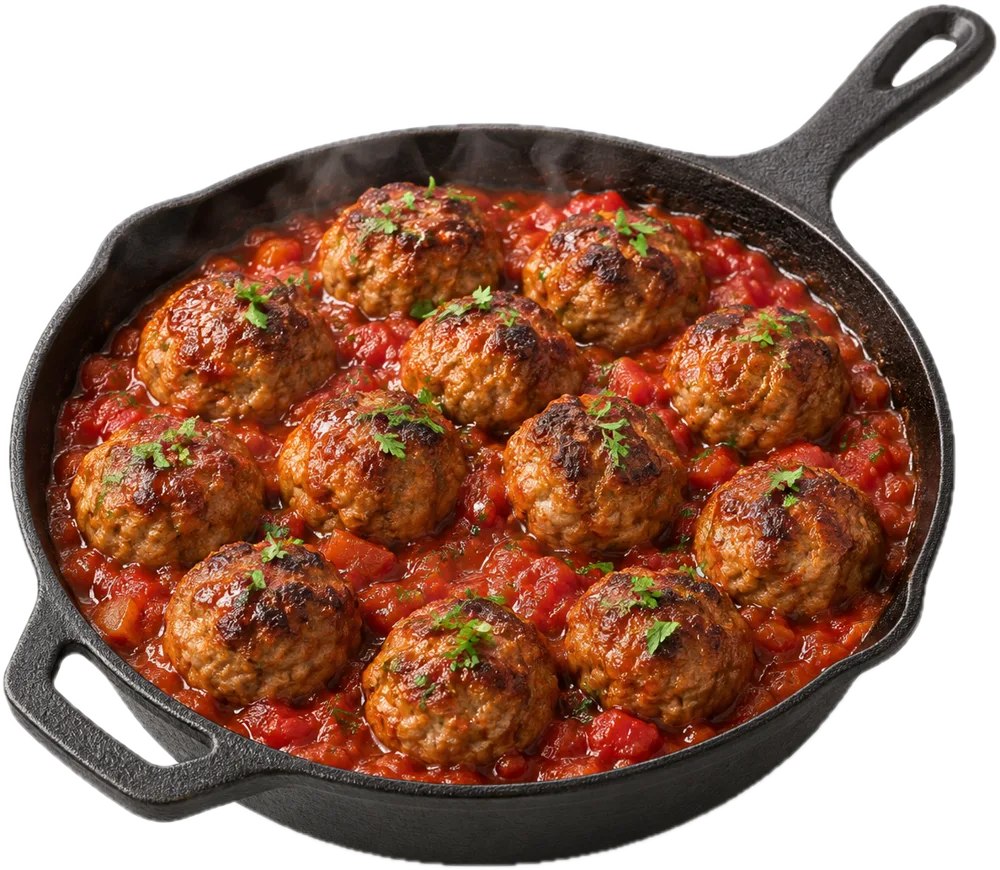 Goudbruine gehaktballetjes in tomatensaus in een gietijzeren pannetje