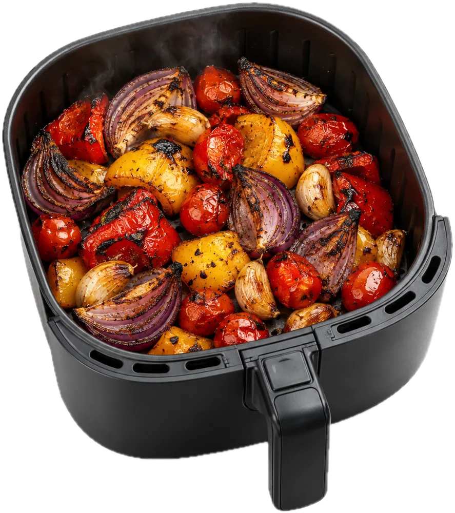 Geroosterde rode ui, paprika, tomaatjes en knoflook in het airfryermandje