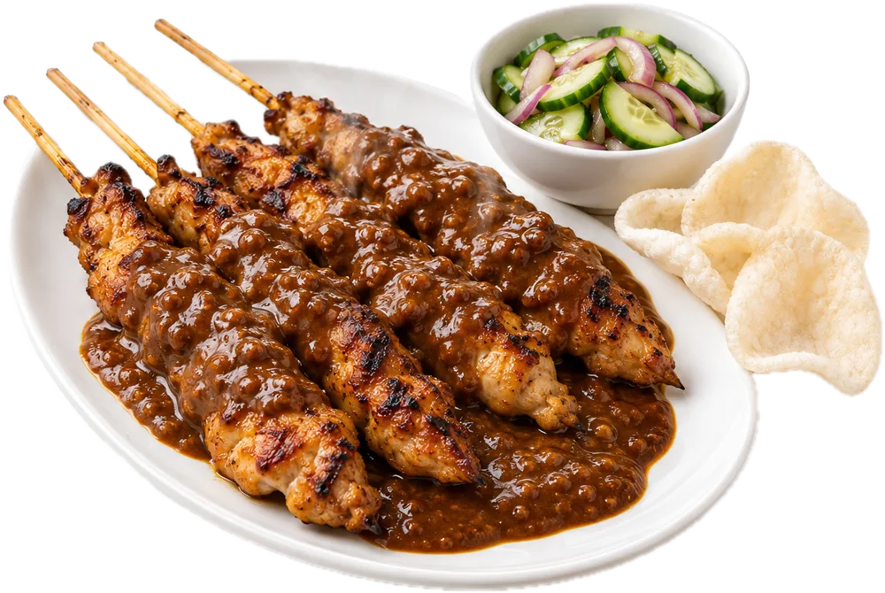 Vier spiesjes kipsaté met dikke pindasaus, komkommersalade en kroepoek