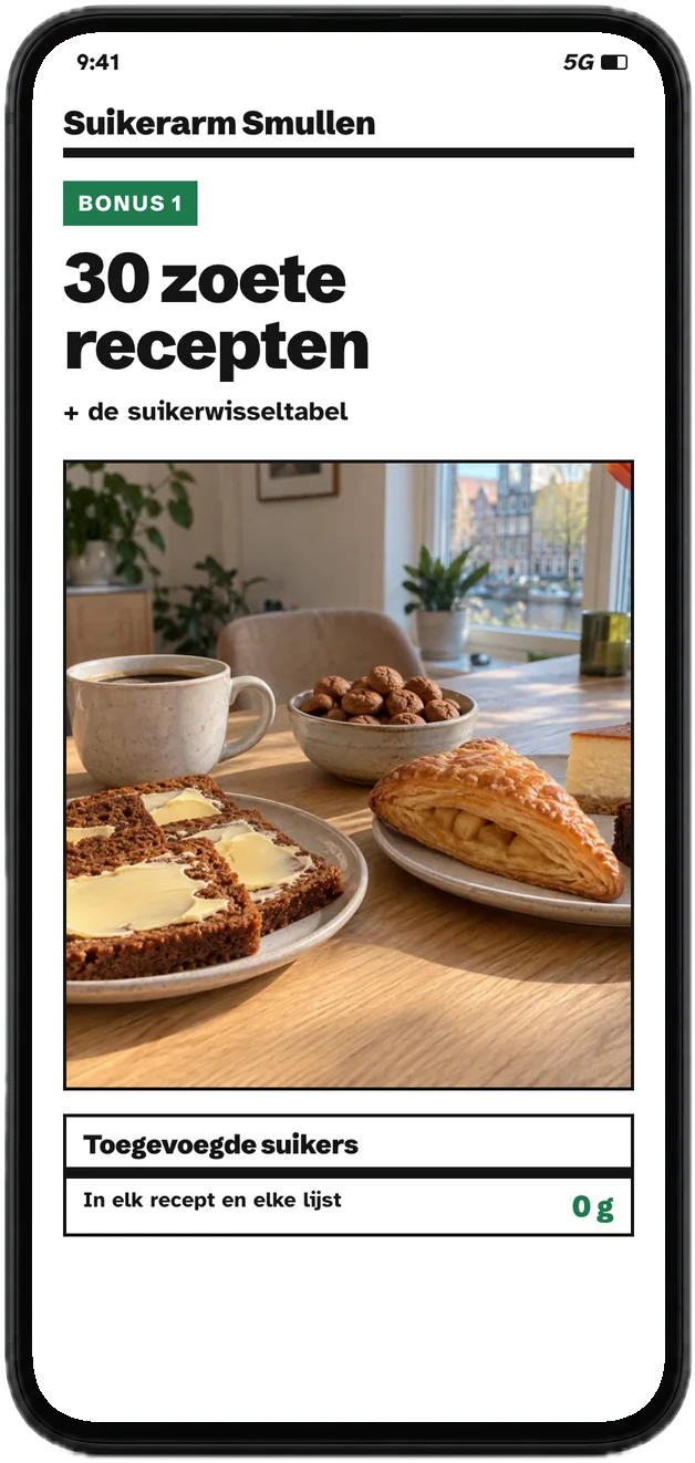 Voorkant van bonus 1 op een telefoon: 30 zoete recepten