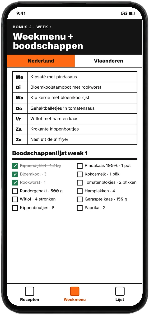 Weekmenu en boodschappenlijst van week 1 op een telefoon