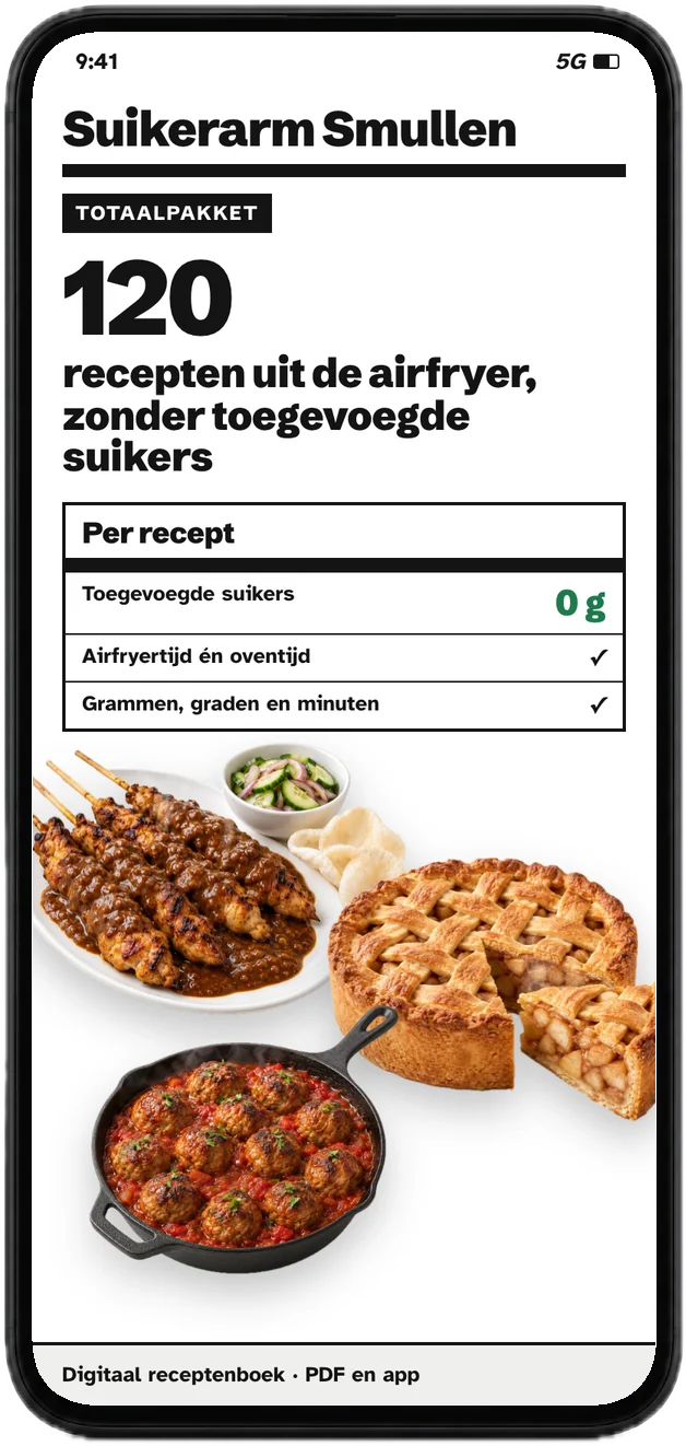 Voorkant van het receptenboek op een telefoon: 120 recepten uit de airfryer