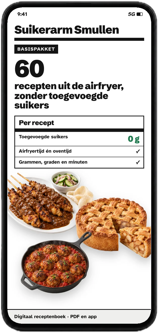 Voorkant van het receptenboek met 60 recepten op een telefoon