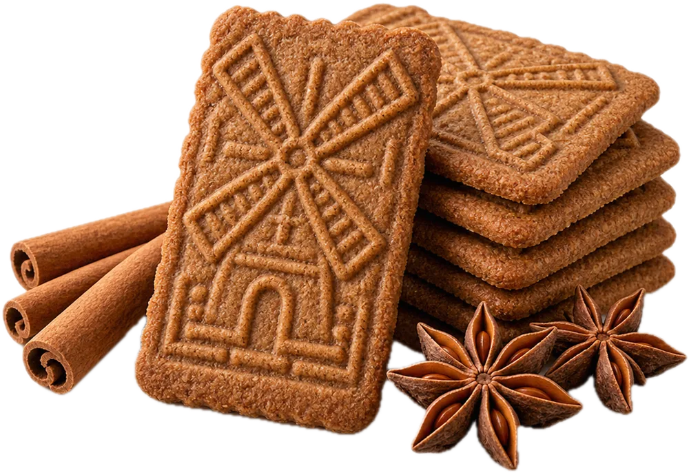 Stapeltje speculaas met kaneelstokjes en steranijs