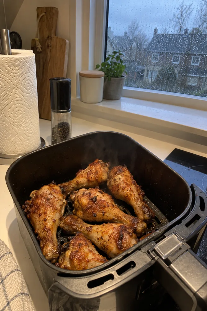 Airfryermandje met krokante kippenboutjes op het aanrecht