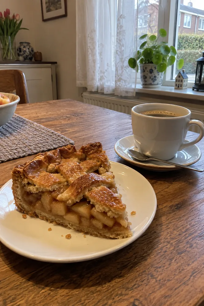 Een punt appeltaart met een kop koffie aan tafel bij het raam