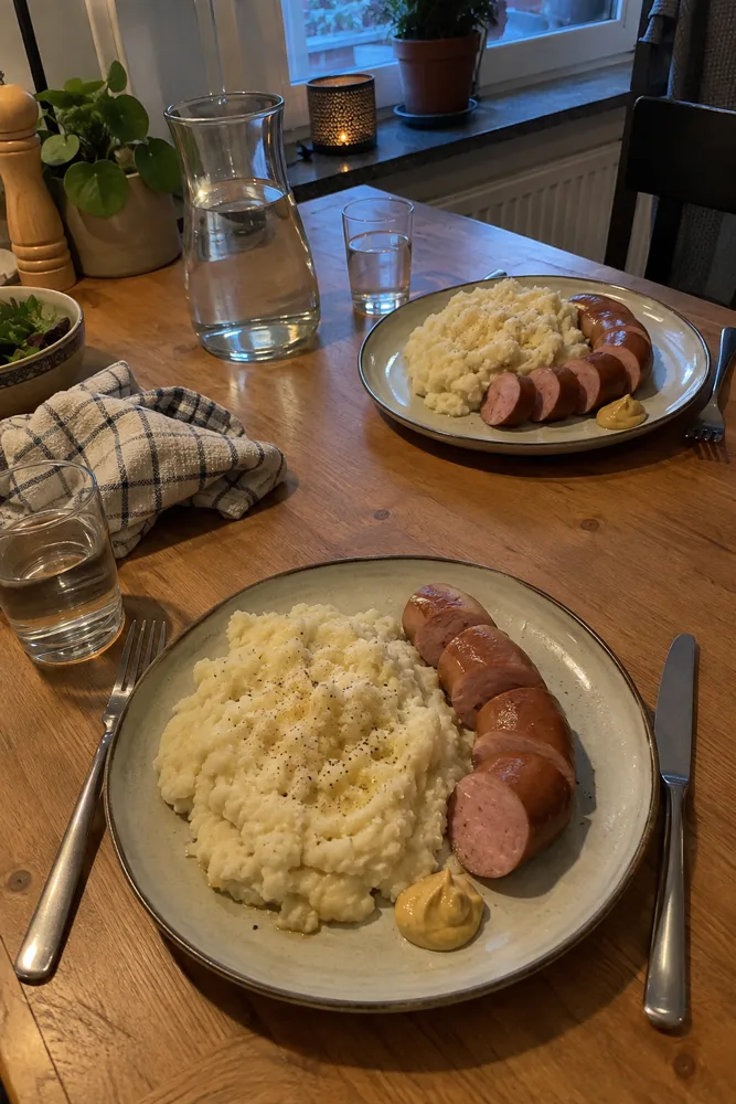 Twee borden bloemkoolstamppot met rookworst en mosterd op de keukentafel