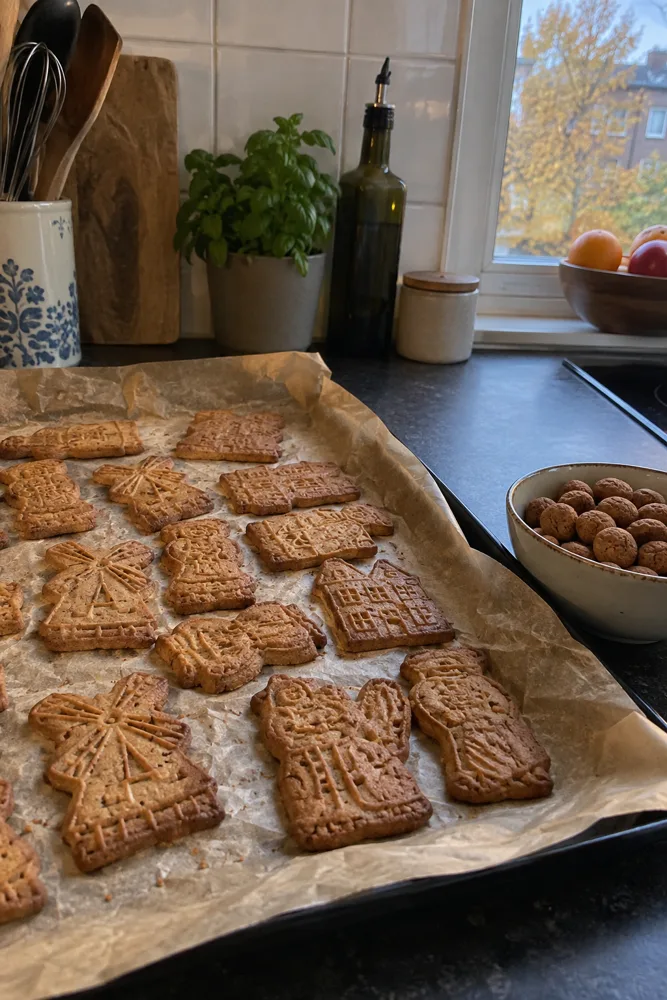 Zelfgebakken speculaas die afkoelt op bakpapier