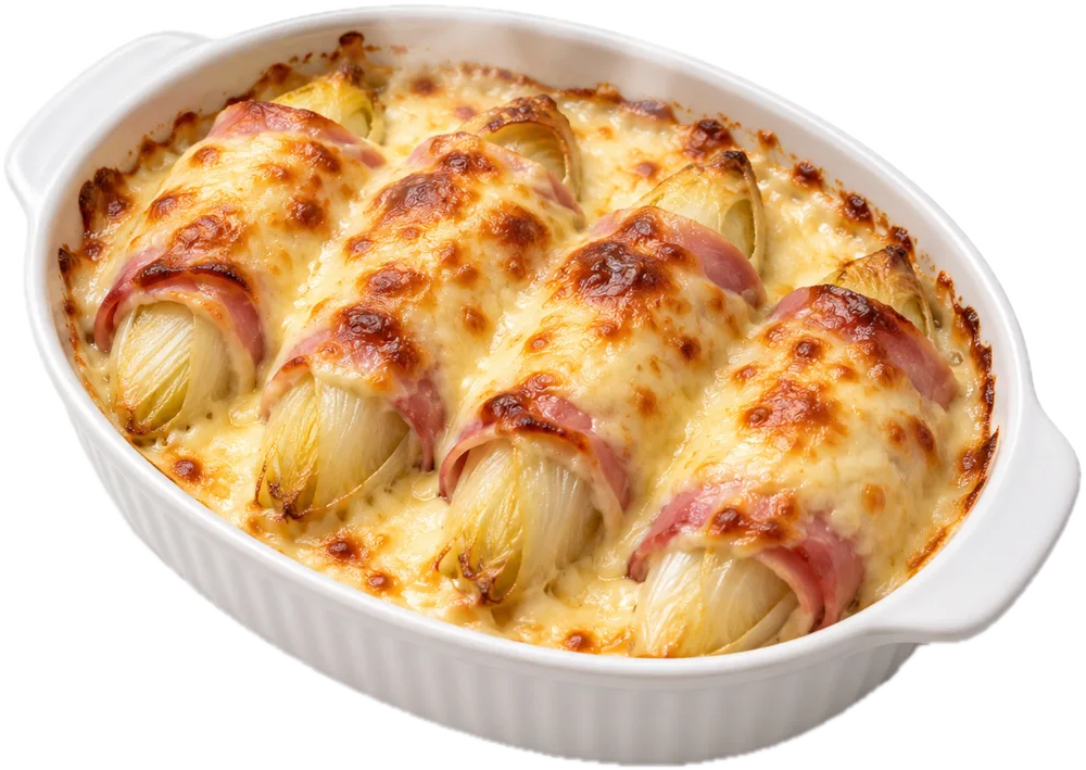 Witlof met ham en goudbruine kaassaus in een ovenschaal
